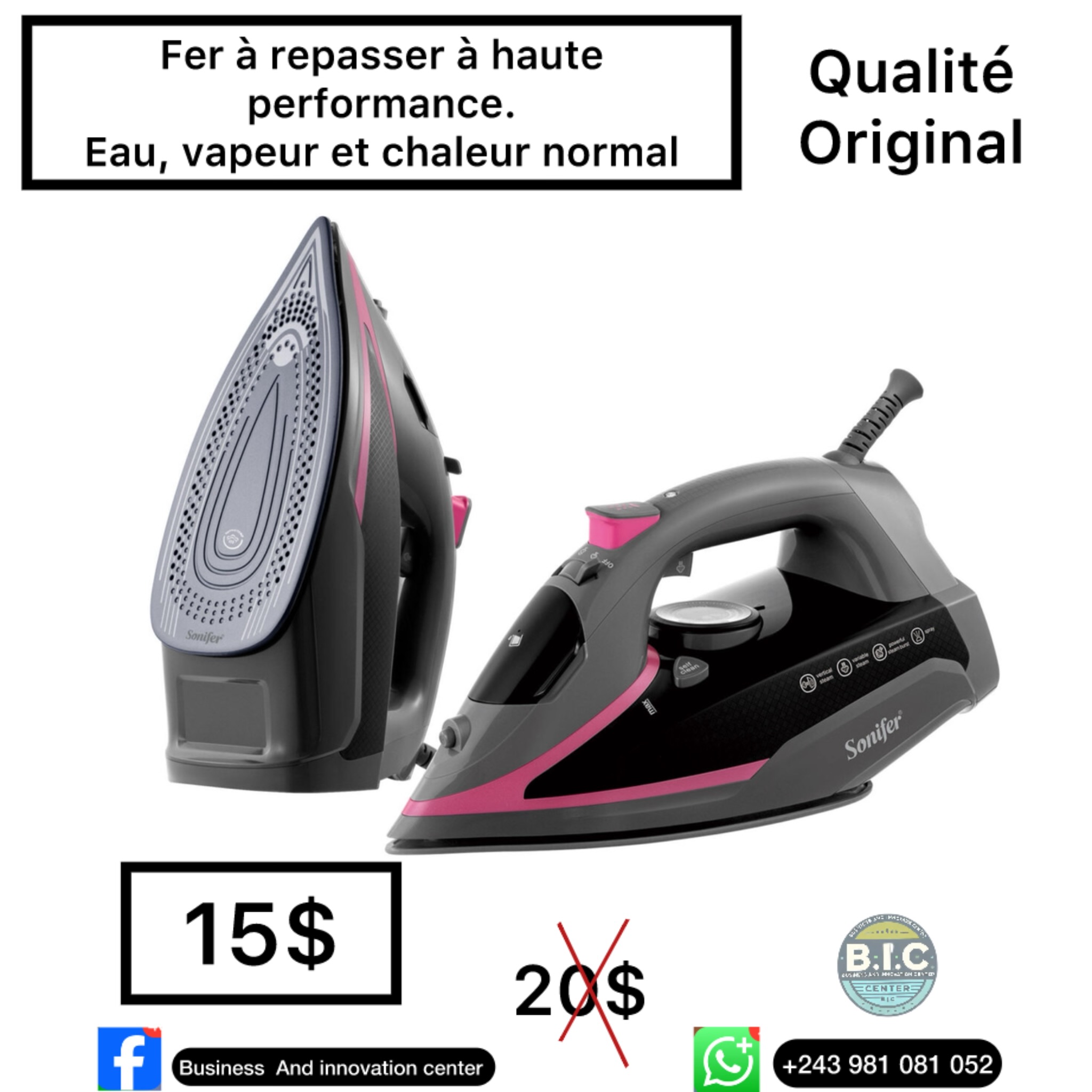 Fer à repasser moderne, à l’eau, vapeur et fonctionnement normal