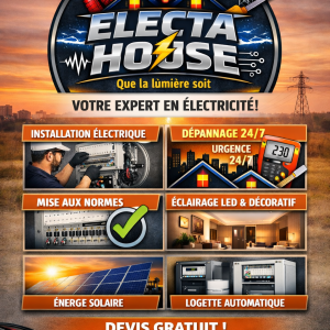 ÉLECTA HOUSE – Que la lumière soit ⚡ Vous cherchez un électricien fiable et professionnel à Kinshasa ? Nous vous offrons des services sur mesure : 🔌 Installation électrique 💡 Éclairage LED & décoratif 🛠️ Dépannage 24/7 ✅ Mise aux normes ☀️ Énergie solaire 📦 Logette automatique 📞 Contactez-nous dès maintenant 📱 WhatsApp : +243 977 683 996 📧 Email : electahouseservices@gmail.com 📣 Devis gratuit – Satisfaction garantie !